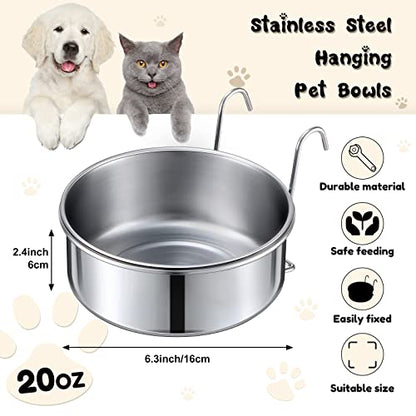 mumufy 6 Pieces Stainless Steel Hanging Water Bowls with Holder Detached Anti Spill Pet Metal Bowl Cage Kennel Crate Food Bowl(16 x 6 cm) - size: 20 oz