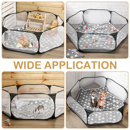 VitalCozy Hamster Playpen with Mat Small Animal Cage Tent Breathable Transparent Guinea Pig Playpen Waterproof Portable Yard Fence Mat Foldable Exercise Playpen Outdoor Indoor (Black,Star) - color: Black