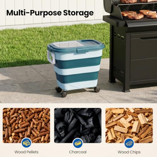 Wood Pellet Storage Container 30-40lbs, Airtight Bin with Locking Lid & Clear Window, Collapsible Pellet Bucket with Wheels, Scoop & Labels, Dark Green - color: Green-L