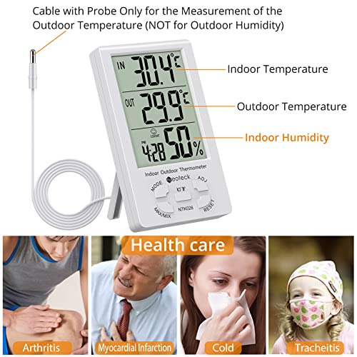 Neoteck 3 in 1 Thermometer Hygrometer with Clock Large LCD Display, Digital Humidity Temperature Meter 1.5m Sensor Wire for Indoor Outdoor Use