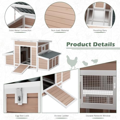 Chicken Coop, Large Wooden Chicken House with Waterproof Roof & Pull-Out Tray, Outdoor Chicken Hutch with 6 Nesting Boxes, Duck Coop Hen House for 4-6 Chicken, Khaki - color: Khaki