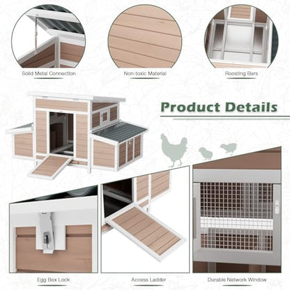 Chicken Coop, Large Wooden Chicken House with Waterproof Roof & Pull-Out Tray, Outdoor Chicken Hutch with 6 Nesting Boxes, Duck Coop Hen House for 4-6 Chicken, Khaki - color: Khaki