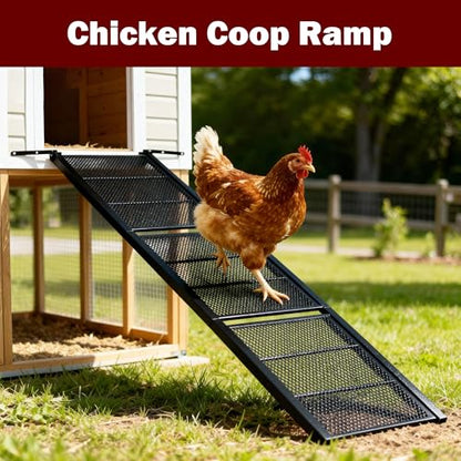 Chicken Coop Ramp 47.4″L,Metal Chicken Coop Accessories and Ladder for Henhouse Backyard or Farm with Length Adjustable Coop Ramps for Feet Problem or Cannot Fly Chickens Sturdy Black