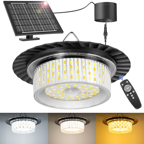 Solar Shed Light Indoor Outdoor, Upgrade Pendant Light 244 LED Three Colors 360° Lighting with Motion Sensor, Waterproof Solar Lights with 3 Modes, Remote & Timer for Shed Gazebo Garage Barn