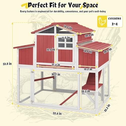 Large Chicken Coop with 4 Nesting Boxes for 4-6 Hens, Wooden Outdoor Hen House Chicken Tractor with Pull-Out Tray, 3 Perches, Expandable Backyard Chicken Run - size: 53.0"L x 35.0"W x 53.0"H