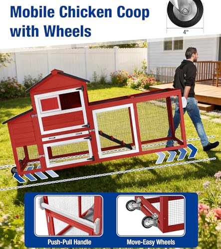 Chicken Coop with Run Mobile Chicken Coop with Wheels Duplex Hen House with Nesting Box Slide-Out Cleaning Tray Predator-Resistant Chicken Cage for Outdoor Backyard Red - color: Red