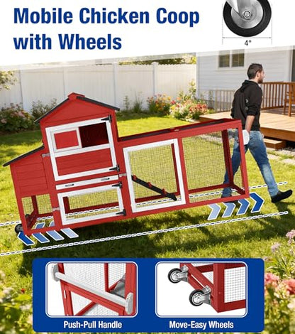 Chicken Coop with Run Mobile Chicken Coop with Wheels Duplex Hen House with Nesting Box Slide-Out Cleaning Tray Predator-Resistant Chicken Cage for Outdoor Backyard Red - color: Red