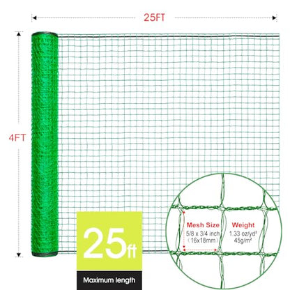 Deer Fence, RIFNY 4 x 25 FT Plastic Mesh Fencing Netting for Garden Outdoor Yard, Temporary Fence to Protect Plants Fruit and Ideal for Deer Dogs Chicken (Green) - size: 4 x 25 FT