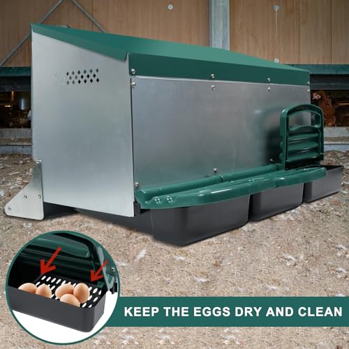 Chicken Nesting Box, 3 Holes Nesting Boxes, Heavy Duty Metal Laying Boxes, Roll Away Nesting Box Egg Collection Tray, with Roosting Pole for Chicken Coop(Green) - size: 3 Holes