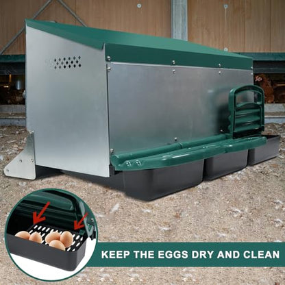 Chicken Nesting Box, 3 Holes Nesting Boxes, Heavy Duty Metal Laying Boxes, Roll Away Nesting Box Egg Collection Tray, with Roosting Pole for Chicken Coop(Green) - size: 3 Holes