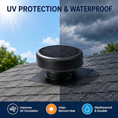 12" Flush Mount Round Solar Roof Vent Fan,30W Dual Power Black Attic Exhaust Fan,3-Speed Remote & 25°C Auto Ventilation,1200 CFM,MPPT Controller Solar Ventilator Solar Vent for Attic Garage - color: Black+Round 1