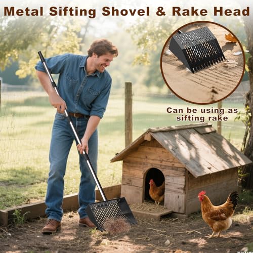 Metal Chicken Poop Scooper & Rake Scoop 10" Metal Chicken Coop Rake | Assistanted Handle Grip Heavy Duty Scoop Tool Adjustable Long Handle Adjustable (36 to 62") for Farm Animals Clean Tool