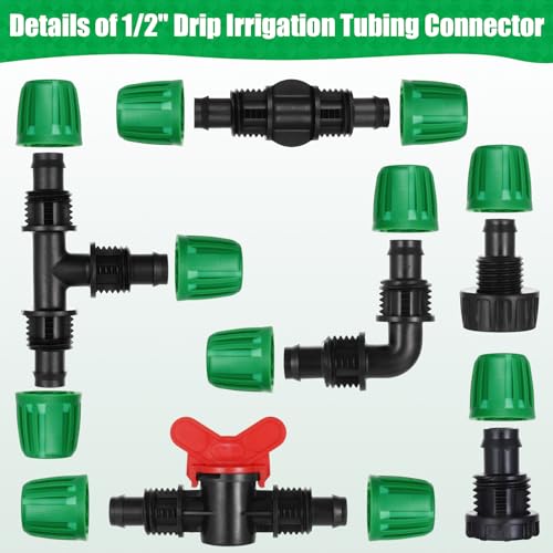 28 Pcs 1/2 Inch Drip Irrigation Fittings Kits,Drip Hose Connector for 1/2" Irrigation Tubing(1/2" ID x0.6-0.63"OD) with 6 Tees,6 Couplings,4 Switch Valves,4 End Cap, 4 Elbows,4 Faucet Adapter - size: 28 PCS 1/2 Fitting