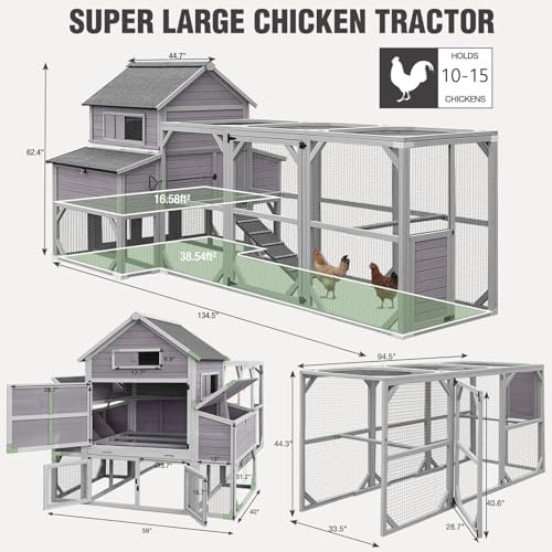 55ft² Chicken Coop - Super Large Chicken Tractor, Chicken House with Run, Wooden Hen House Poultry Cage with 6 Large Nesting Boxes, 6 Perches for 10-15 Chickens - size: 137.0"L x 63.0"W x 62.0"H