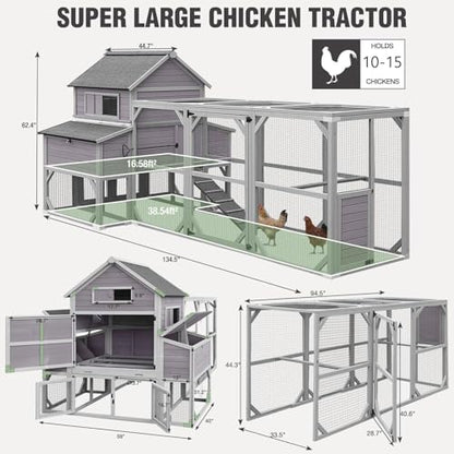 55ft² Chicken Coop - Super Large Chicken Tractor, Chicken House with Run, Wooden Hen House Poultry Cage with 6 Large Nesting Boxes, 6 Perches for 10-15 Chickens - size: 137.0"L x 63.0"W x 62.0"H