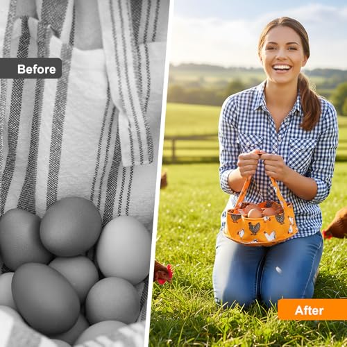 Egg Collecting Basket, Canvas Egg Basket for Gathering with 7 Pouches for Chicken, Duck, Goose, Bird, Various Poultry Collection (Yellow chicken) - style: Yellow chicken