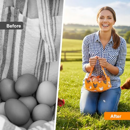 Egg Collecting Basket, Canvas Egg Basket for Gathering with 7 Pouches for Chicken, Duck, Goose, Bird, Various Poultry Collection (Yellow chicken) - style: Yellow chicken