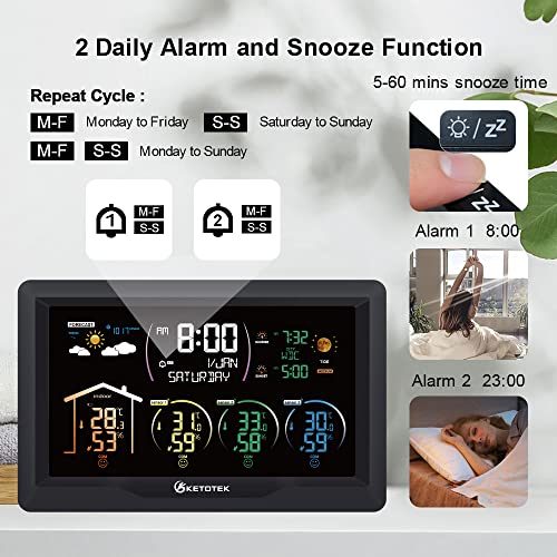 KETOTEK Wireless Radio Weather Station with 3 Outdoor Sensors Indoor Outdoor LCD Digital Thermometer Hygrometer Barometer with WWVB,Alarm Clock,Weather Forecast,Moon Phase,Sunrise and Sunset Time