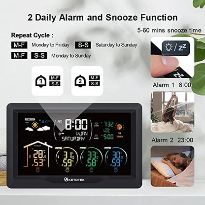 KETOTEK Wireless Radio Weather Station with 3 Outdoor Sensors Indoor Outdoor LCD Digital Thermometer Hygrometer Barometer with WWVB,Alarm Clock,Weather Forecast,Moon Phase,Sunrise and Sunset Time
