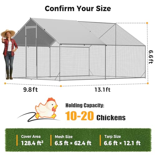 CAMMOO Metal Chicken Coop with Run, 13.1x9.8x6.6ft, Walk-in Chicken Run for Yard with Cover, Upgrade Double Lock & Rust-Proof Mesh, Stainless Steel Ties, Easy Assembly, Chicken Pen for Ducks, Rabbits - size: 13.1'L x 9.8'W x 6.6'H