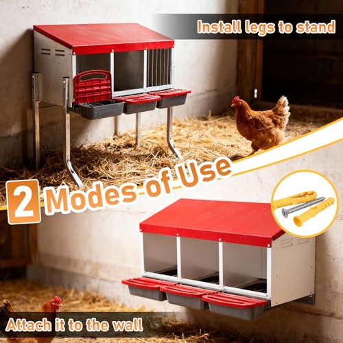 Outvita Chicken Nesting Boxes, 3 Compartments Metal Nesting Boxes for Chickens with Metal Legs, Wall/Floor Mount for Laying Eggs with Swing Perch and Roll Away Egg Collection for Chicken Coop, Red