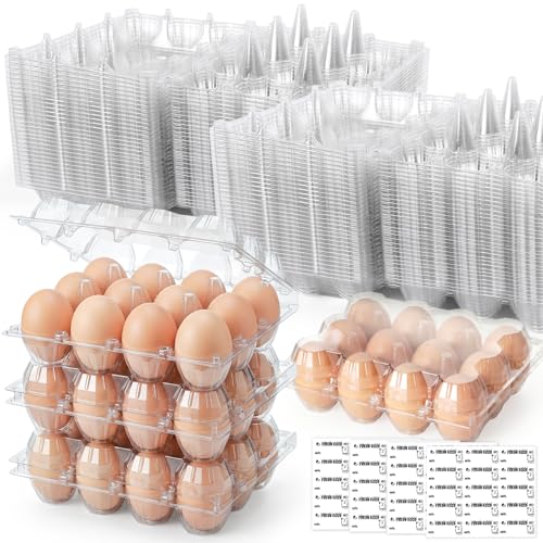 LOVEINUSA 60 Pack 12-Count Clear Plastic Egg Cartons with 60 Date Labels, Reusable PET Dozen Egg Holders for Medium Chicken Eggs, Clamshell Cartons for Farm, Home Fridge & Market Display