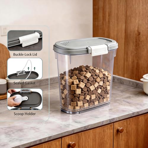 Gray White Airtight Dog Cat Food Storage Container 10 Lbs - Slim Tall Pet Food Treat Container with Lid, Scoop and Cup - Clear Plastic Dry Food Storage Bin for Dogs, Cats, Bird Seeds, Kibble, Pellets - color: Gray White