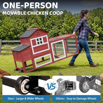 Chicken Coop with Wheels for 4-6 Chickens, Mobile Hen House with Run, Outdoor Chicken Coop, Ventilated Window, Easy-Clean Nesting Box, Weatherproof Asphalt Roof, 82.7” L x 25.6” W x 44.1” H, Red - color: Red