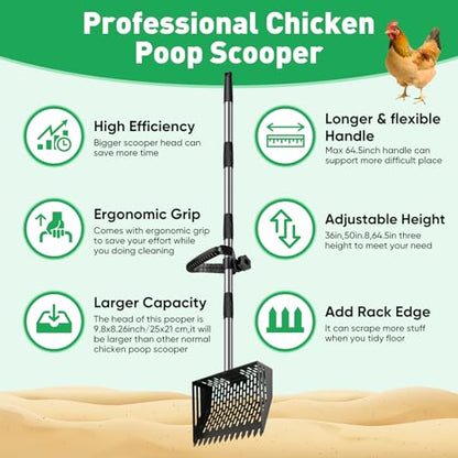 MYPIN 64.5 Inch Chicken Poop Scooper & Rake,for Chicken Pooper Small Farm Animal, with Adjustable Stainless Steel Handle, Ergonomic Grip, Cat Litter Scooper Sand Sifting Shovel