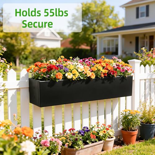 2 Pack Metal Railing Planter Box, 30 Inch Balcony Planters with Adjustable Brackets, Large Hanging Planters for Outdoor Fence Deck - color: Black 2pcs