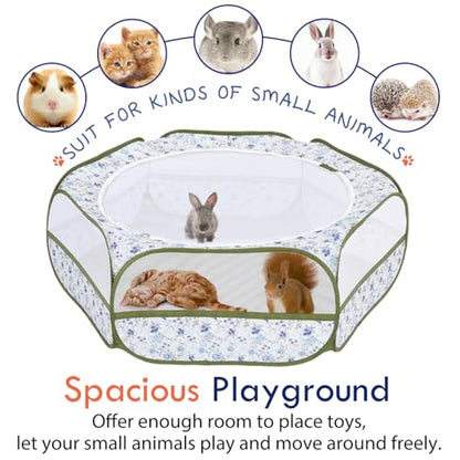Pawaboo Small Animals Playpen, Waterproof Small Pet Cage Tent with Zippered Cover, Portable Outdoor Yard Fence with 3 Metal Rod for Chick/Kitten/Puppy/Guinea Pig/Rabbits/Hamster, Blue + White Flower - color: Blue + White Flower