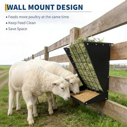 Wall Mount Hay Feeder for Goats, 2 in 1 Hay & Grain Livestock Feeders Rack, Hanging Sheep Cattle Feed Box with Steel Net, Wall Mounted Goat Hay Rack for Farm, Barn, Stable, Black - color: Black