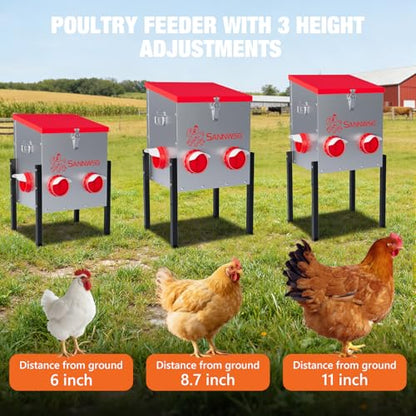 Sannwsg Chicken Feeders,30 lb Capacity 6 Port Automatic Chicken Feeder, Metal Chick Feeder with Locking Lid and Legs, Chicken Feeder for Chickens, Ducks, Geese - size: 6 Ports (2+2+2)