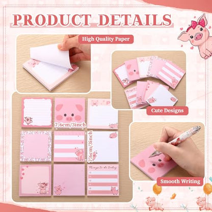18 Pcs Pig Desk Accessories, 9 Pads Cute Sticky Notes, 9 Kawaii Pens, 3 x 3 Inches Notepads Memo Pad for Office Supplies Meeting Students School Decor Teacher Gifts - style: Piggy