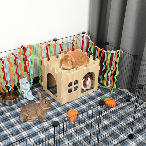 BWOGUE Large Wooden Rabbit House and Hideouts Bunny Castle Detachable Small Animal Play Hideaway Rabbit Hideout Cage Accessories for Indoor Adult Rabbit Guinea Pig Chinchilla Habitat - style: 1 House