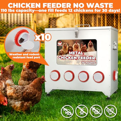Large Chicken Feeder No Waste, 110lbs Capacity 10 Port,Metal Chicken Feeder with Adjustable Height - Rainproof Locking Lid Galvanized Poultry Feeder for Chickens,Ducks,Turkeys