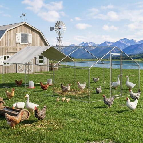 Metal Chicken Coop Walk-in Run Pen with Waterproof Cover, Galvanized Steel, Spire Roof, for Outdoor Backyard and Farm (236.16" L x 118.1" W x 76.8" H) - size: 236.16"L x 118.1"W x 76.8"H