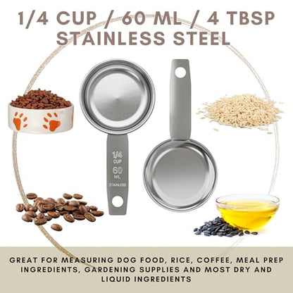 1/4 Cup Stainless Steel Measuring Cup | Sturdy Metal 60 ml | 60 cc | 2 oz | Single Cup for Wet and Dry Ingredients | Great for use as 1/4 Cup Dog Food Scoop - 1 PK - size: 1/4 Cup