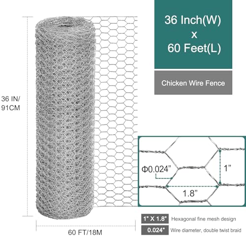 Chicken Wire Fencing, 36 Inch x 60 Feet Chicken Wire Mesh Roll for Garden Plants, 1 Inch Mesh Hexagonal Galvanized Metal Poultry Wire Netting for Chicken Coop Rabbit Dogs Barrier - size: 36 x720 Inches-1 Inch Mesh