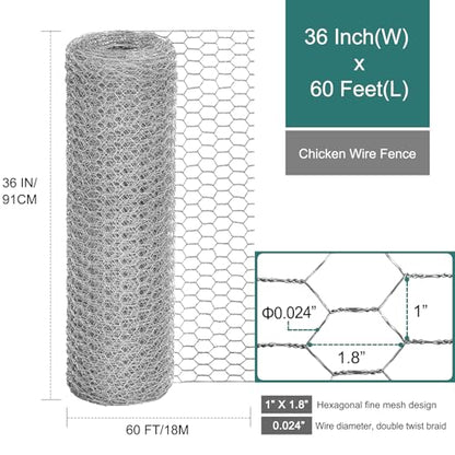 Chicken Wire Fencing, 36 Inch x 60 Feet Chicken Wire Mesh Roll for Garden Plants, 1 Inch Mesh Hexagonal Galvanized Metal Poultry Wire Netting for Chicken Coop Rabbit Dogs Barrier - size: 36 x720 Inches-1 Inch Mesh