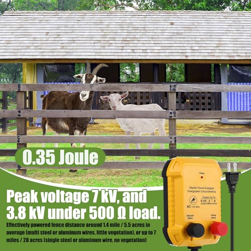 MorningRo Electric Fence Charger Set 110VAC 0.15 Joule Electric Plug in Fence to Contain Pet Poultry Keep Rodent, 50 Black Insulator and 1 Socket Tool 250ft Aluminum Wire for Garden Pond Protection - style: 0.15 Joule