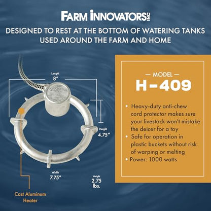 Farm Innovators Submergible Tank De-Icer, 1000W Water Deicer- Ice Chaser Cast Aluminum Design with Chew Proof Cord for Livestock Water Stock Tank