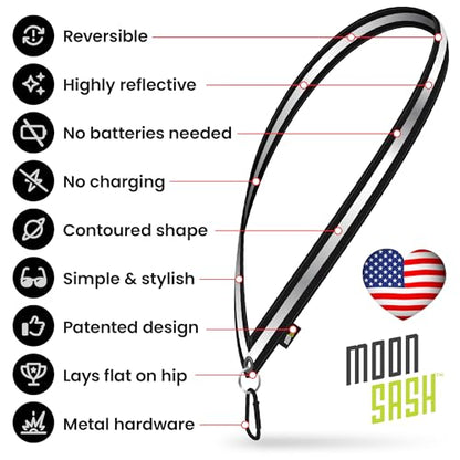 MOONSASH Reflective Sash for Walking At Night | USA-Made | Fitted, Reversible + Patented Night Walking Safety Gear | Perfect Belt/Reflective Vest for Women & Men Alternative | Essential Running Gear - style: MED Midnight Black (60")