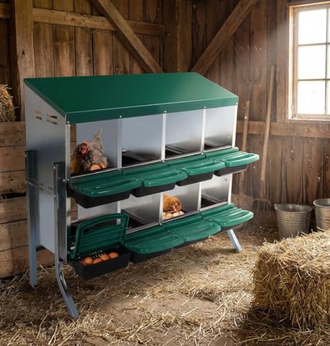 Chicken Nesting Box, 8 Compartments Roll Away Eggs Laying Boxes, Cleanable Pull Out Hen Roosting Boxes with Mental Leg, Durable & Easy to Install, Green - color: Green, size: 8 holes with legs