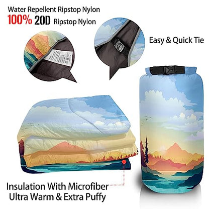 Outdoor Puffy Camping Blanket, Lightweight Down Alternative Puffy Printed Camping Large Ultra Warm Hammock Top Quilt Waterproof Blanket for Traveling Picnic Beach Party Cold Weather (Sunset) - color: Sunset