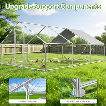 Large Metal Chicken Coop Run with Roosting Perch, Outdoor Waterproof and UV-Resistant Cover for Chickens, Ducks, Rabbits, and Hens in Yard or Farm Use Spire Roof (13.1'Wx19.7'Lx 6.5'H) - size: 236.0"L x 157.5"W x 78.0"H