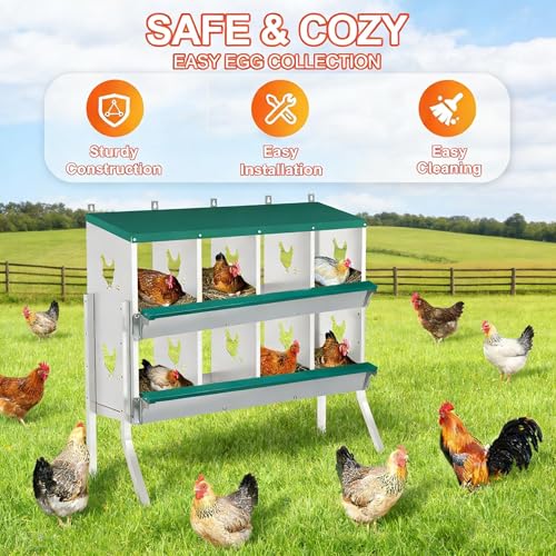 8-Compartment Chicken Nesting Box, Heavy Duty Galvanized Steel Poultry Nest Box, Wall Mount/Freestanding Design for Hens, Ducks, Backyard Homesteads & Farm Use, Green, 10 Mats &4 Eggs, with Stand - color: Green, size: 8 Room&Mat eggs