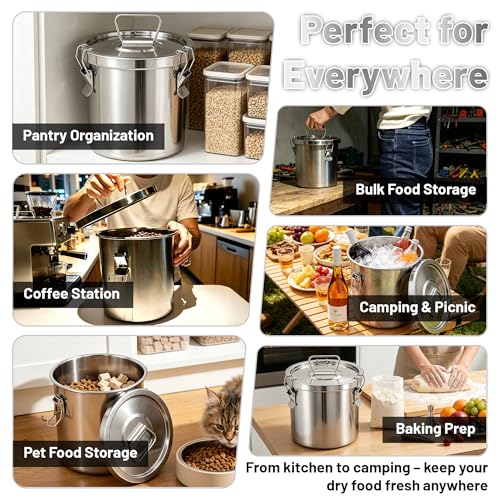 304 Stainless Steel Airtight Food Storage Container, 6L/1.59Gal Large Canister with Lock Clips & Lid, Heavy Duty Metal Bucket for Rice, Flour, Grain, Coffee Beans, Kitchen Pantry Jar - size: 6L