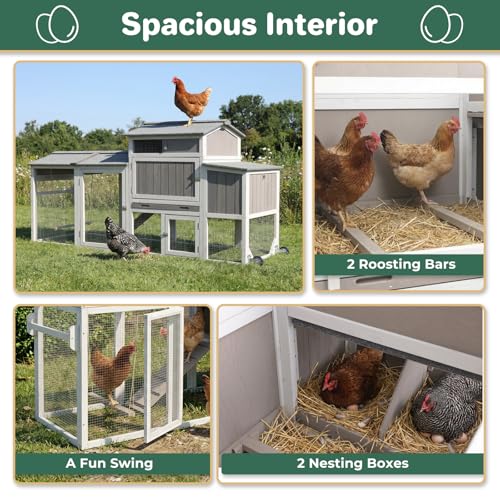 Large Chicken Coop with Run for 6-12 Chickens, Mobile Outdoor Hen House Chicken Tractor with Full Asphalt Roof, Wheels, Wooden Poultry Cage with 4 Nesting Box, Pull-Out Tray & Fun Swing - color: Grey
