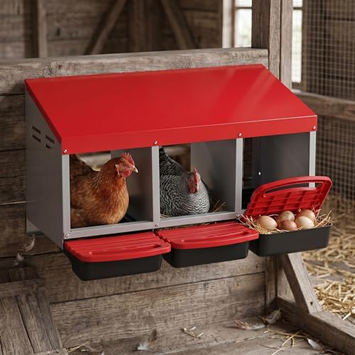 Metal Chicken Nesting Box - Heavy Duty Roll Away Nesting Boxes for Chickens Coop with Easy-Collect Tray & Lid, 3 Hole Galvanized Steel Egg Laying Boxes for Hens Ducks, Wall Mount or Freestanding - color: Red, size: 3 Holes
